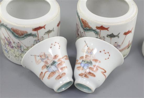 A pair of Chinese famille rose covered wine warmers and covers, late 19th century, height 9.3cm, covers repaired